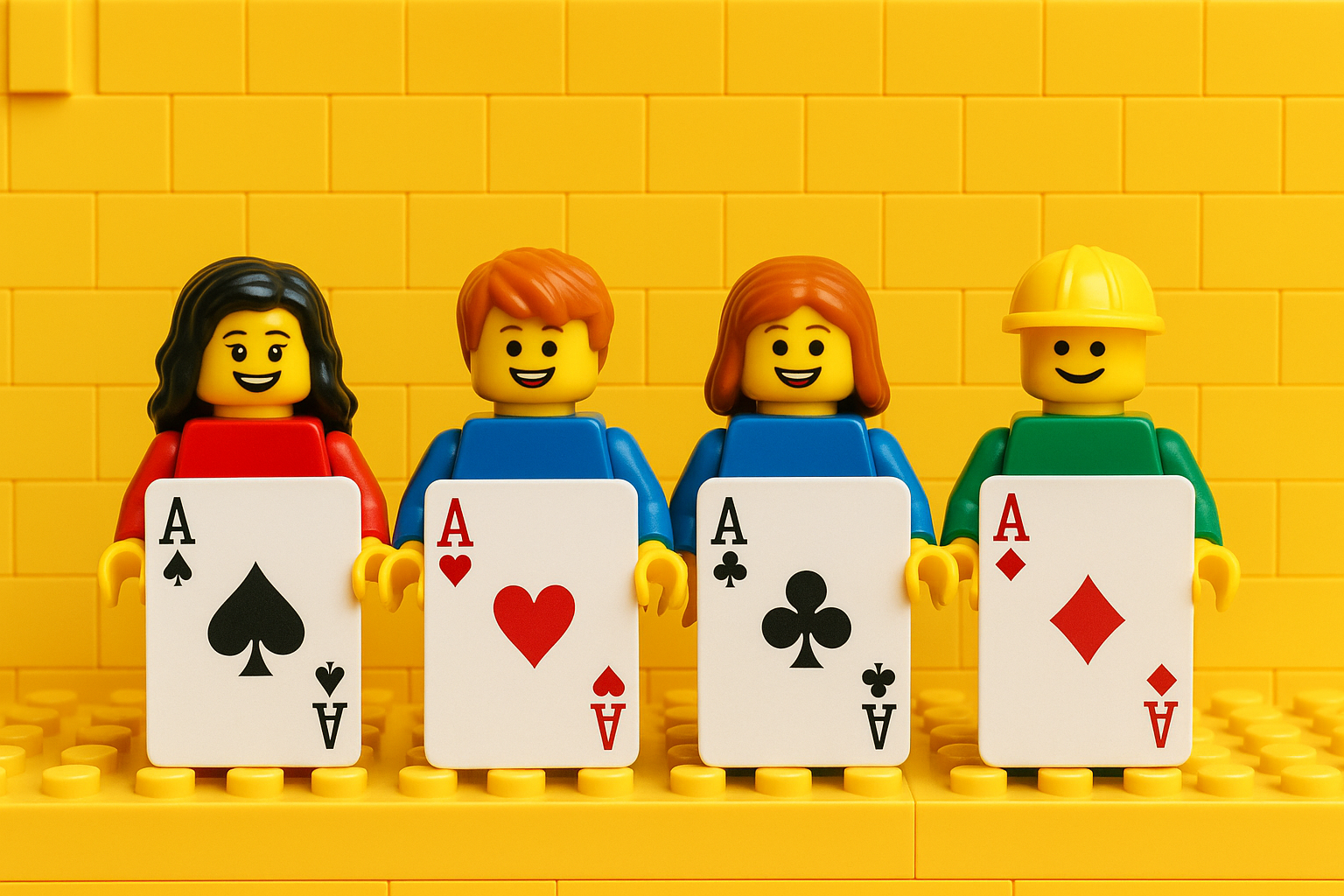 Lego minifigures holding poker cards, Four of a Kind theme