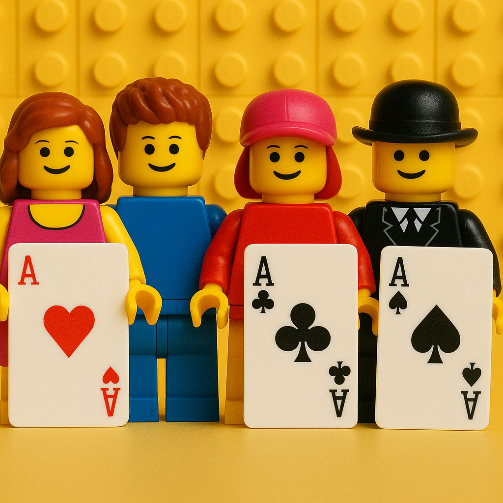 Lego poker table with minifigures and cards